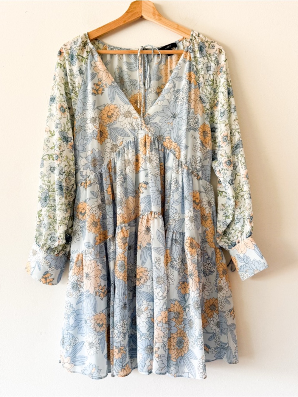 J.Crew Crinkle Chiffon Pockets Long‎ Sleeve Boho Blue Peach Size 6